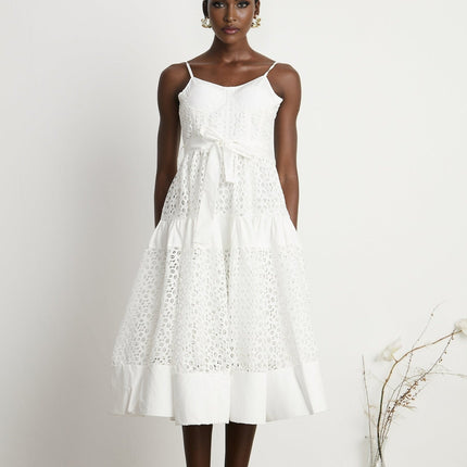 Rylan White Midi Dress with Spaghetti Straps and Cut-Out Details