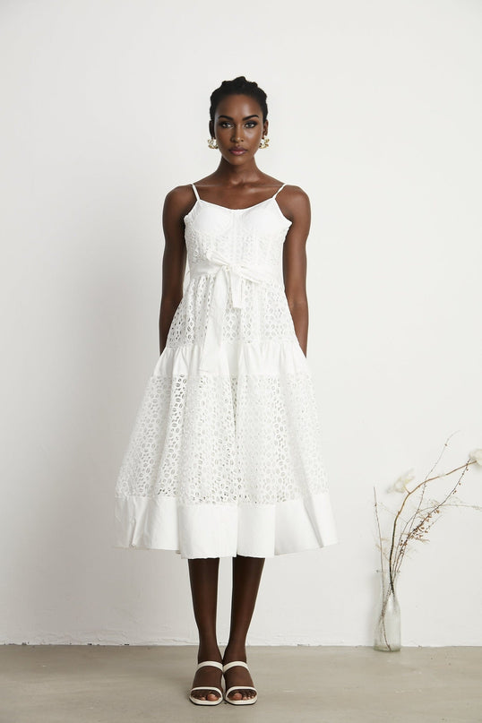 Rylan White Midi Dress with Spaghetti Straps and Cut-Out Details