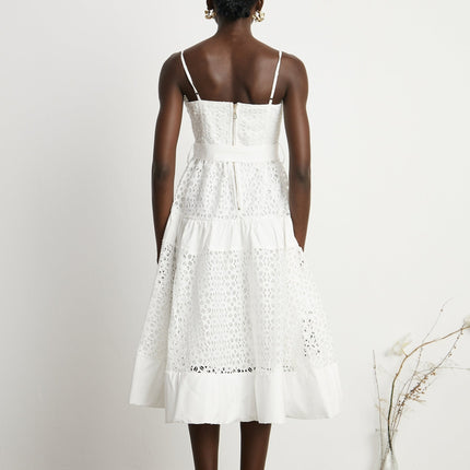 Rylan White Midi Dress Spaghetti Straps Bustier Cut-Out Belted Waist Zip Fastening Cotton Polyamide Fiber Special Occasions