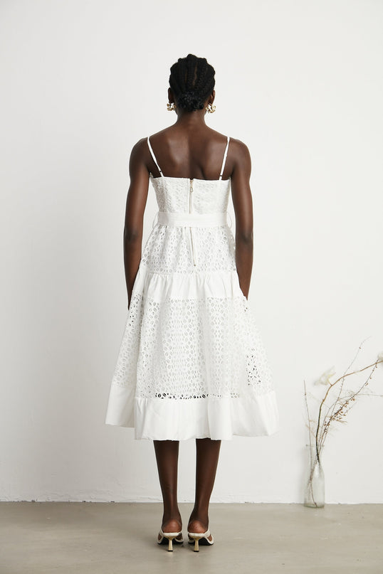 Rylan White Midi Dress Spaghetti Straps Bustier Cut-Out Belted Waist Zip Fastening Cotton Polyamide Fiber Special Occasions
