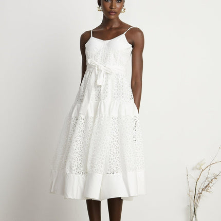 Rylan White Midi Dress with Spaghetti Straps and Cut-Out Details