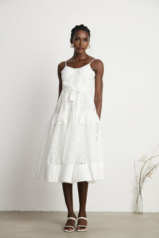 Rylan White Midi Dress with Spaghetti Straps and Cut-Out Details