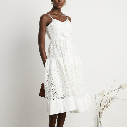 Rylan White Midi Dress Spaghetti Straps Bustier Style Cut-Out Details Belted Waist Rear Zip Fastening Cotton Polyamide Fiber