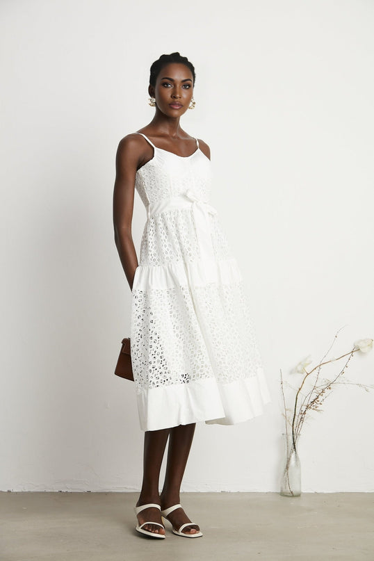 Rylan White Midi Dress Spaghetti Straps Bustier Style Cut-Out Details Belted Waist Rear Zip Fastening Cotton Polyamide Fiber