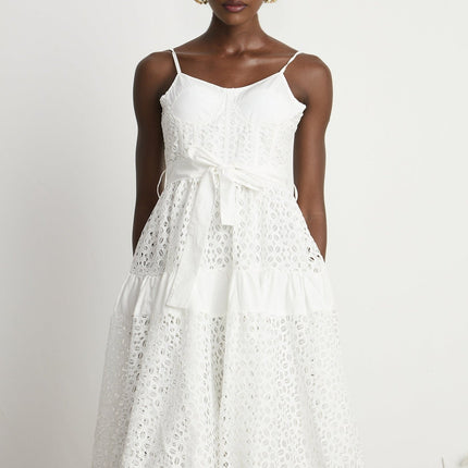 Rylan White Midi Dress Spaghetti Straps Cut-Out Details Belted Waist