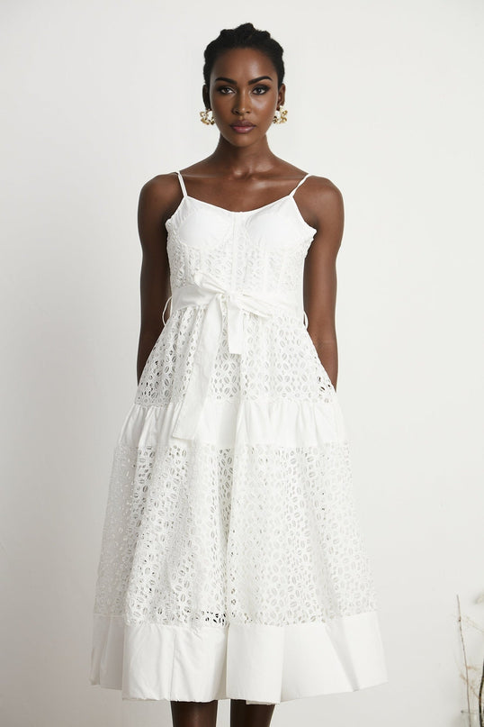 Rylan White Midi Dress Spaghetti Straps Cut-Out Details Belted Waist