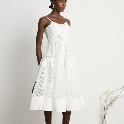 Rylan White Midi Dress Spaghetti Straps Bustier Style Cut-Out Details Belted Waist Rear Zip Fastening 73% Cotton 27% Polyamide Fiber