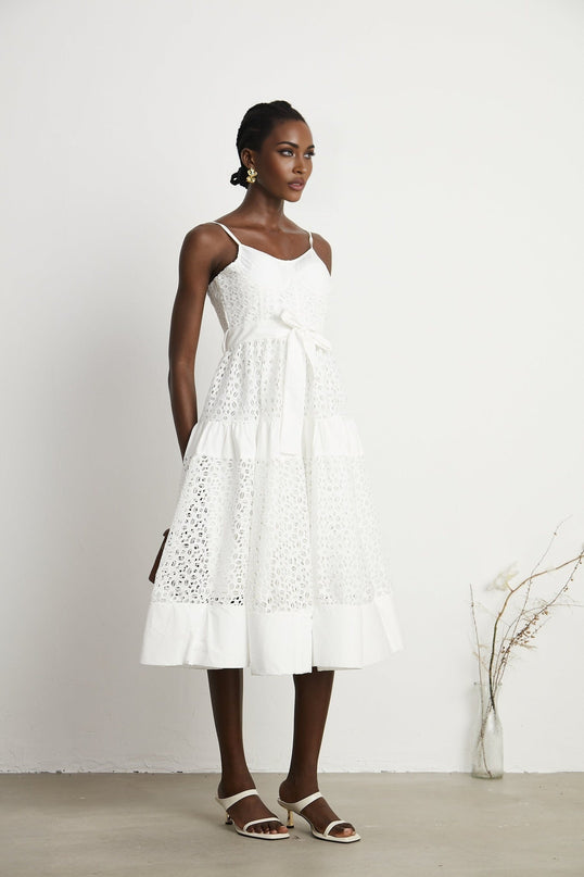 Rylan White Midi Dress Spaghetti Straps Bustier Style Cut-Out Details Belted Waist Rear Zip Fastening 73% Cotton 27% Polyamide Fiber
