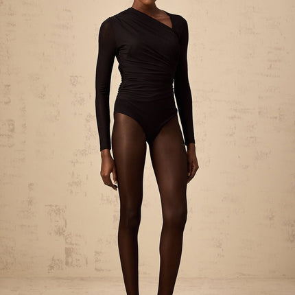 Rylee Black Long Sleeve Split Asymmetric Snap Fit Rayon Bodysuit