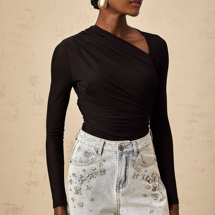 Rylee Black Split Asymmetric Snap Fit Long Sleeve Bodysuit