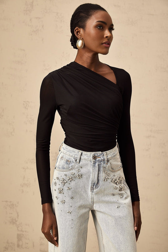 Rylee Black Split Asymmetric Snap Fit Long Sleeve Bodysuit