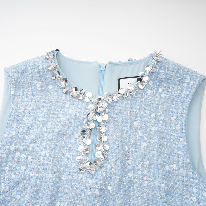 Rylee Blue Tweed Sequin Embellished Mini Dress