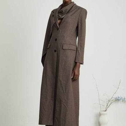Rylee Brown Trench Coat with Scarf Detailing and Front Button Fastening