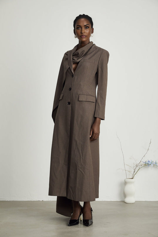 Rylee Brown Trench Coat with Scarf Detailing and Front Button Fastening