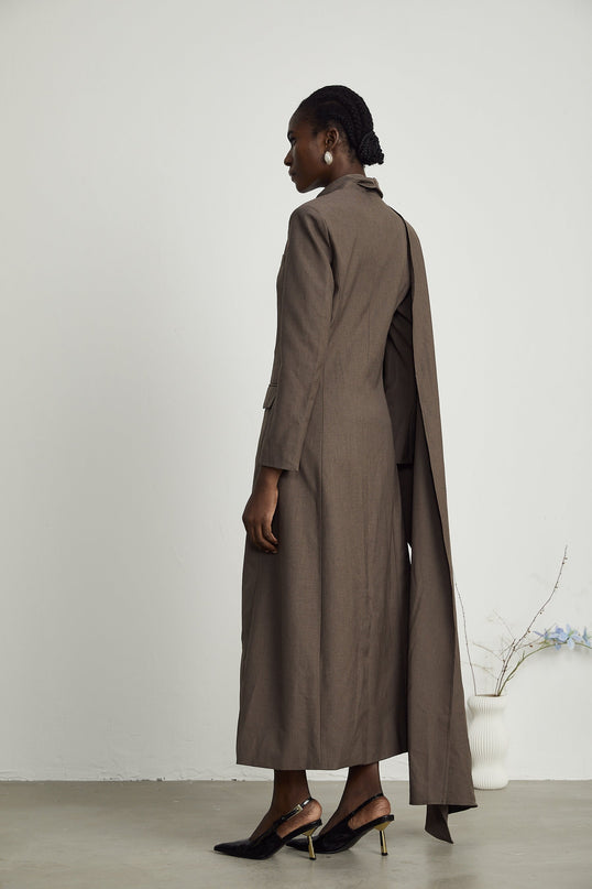 Rylee Brown Trench Coat with Scarf Detailing and Front Button Fastening