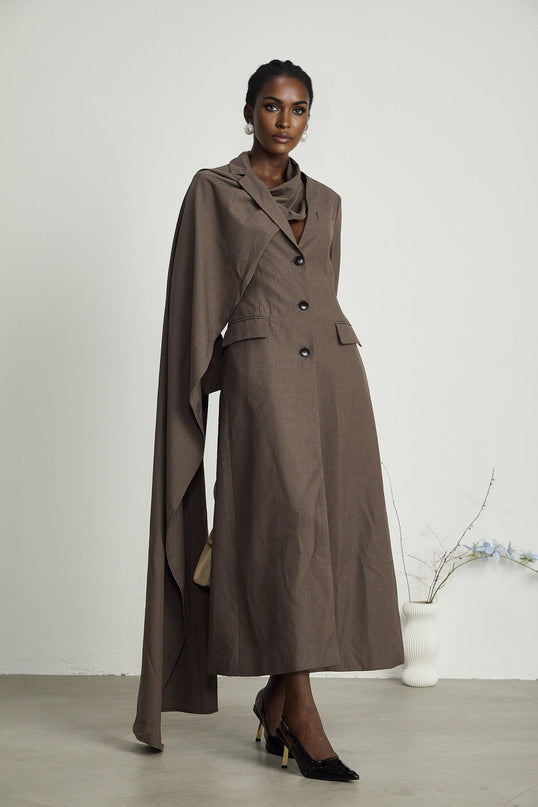 Rylee Brown Trench Coat with Scarf Detailing and Timeless Drape Design in 100% Cotton