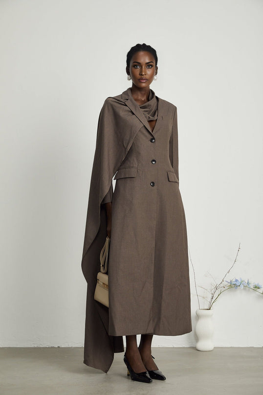 Rylee Brown Trench Coat with Scarf Detailing and Front Button Fastening