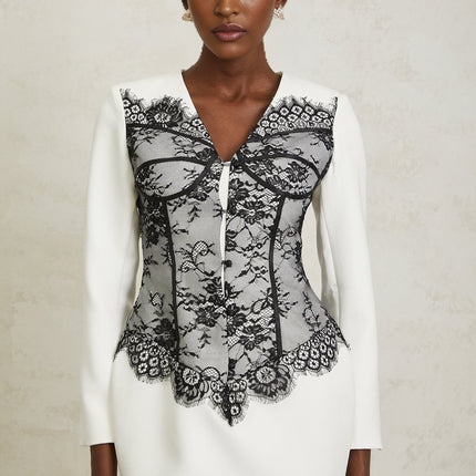 Rylee White Black Lace Mini Dress V-Neck Long Sleeve Cinched Waist Button Front 100% Terylene Fiber
