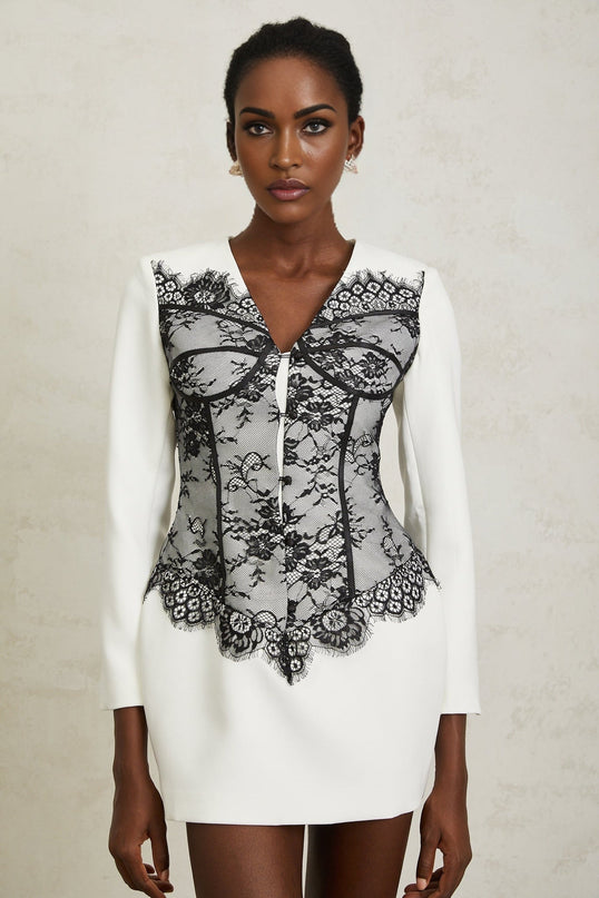 Rylee White Black Lace Mini Dress V-Neck Long Sleeve Cinched Waist Button Front 100% Terylene Fiber