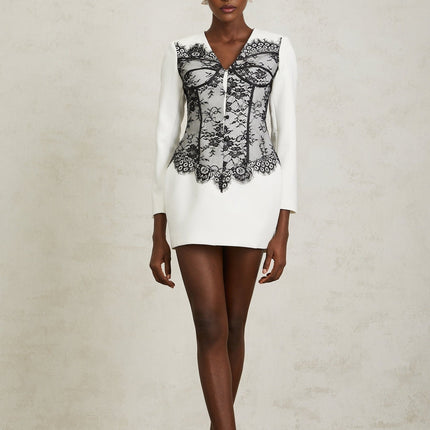 Rylee White Black Lace V-Neck Mini Dress Terylene Fiber