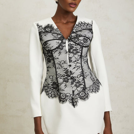 Rylee White Lace Panel Mini Dress V-Neck Cinched Waist Long Sleeves