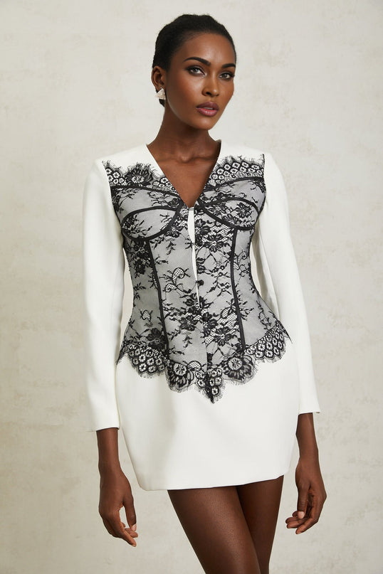 Rylee White Lace Panel Mini Dress V-Neck Cinched Waist Long Sleeves