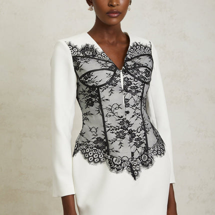 Rylee White Lace Panel Mini Dress with V-Neck and Cinched Waist
