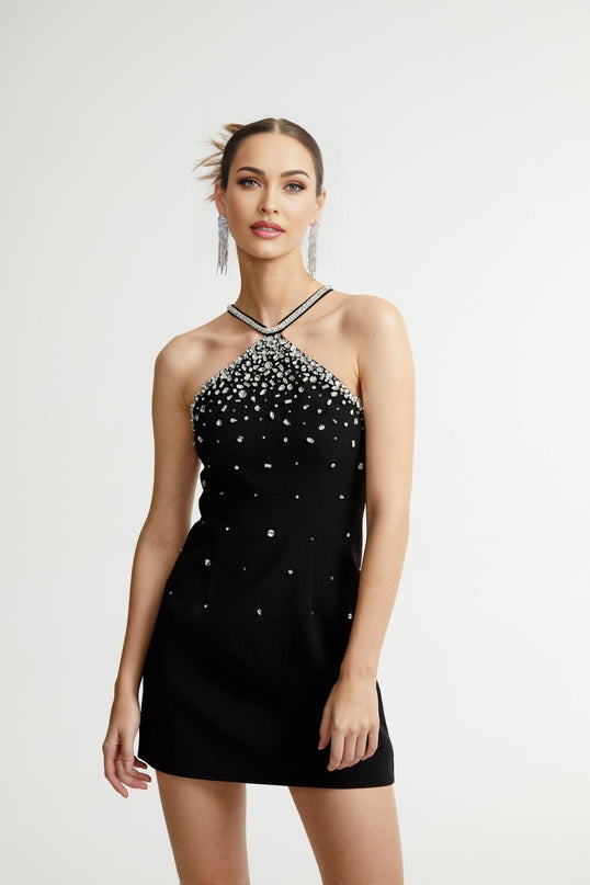Sabina Black Choker Embellished Mini Dress 100% Polyester Rear Zip Fastening Sleeveless Chic Modern Woman Special Occasions Evening Events Sophistication Style