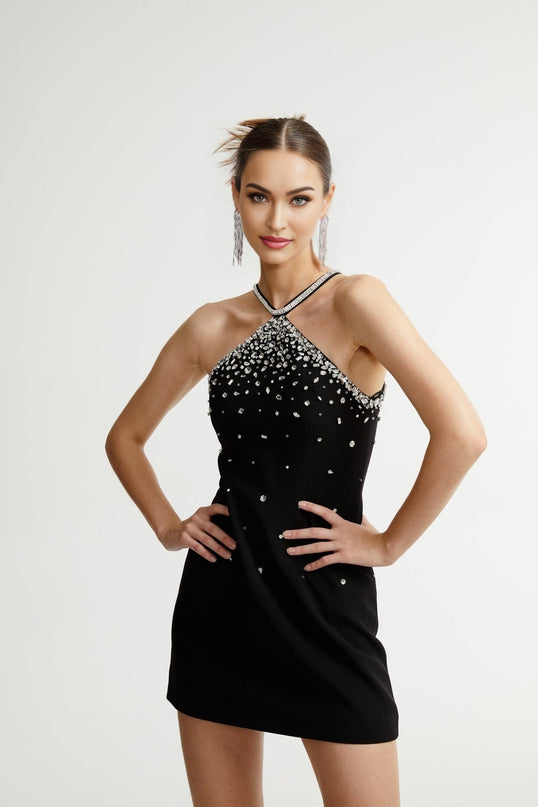 Sabina Black Choker Embellished Mini Dress 100% Polyester Rear Zip Fastening Sleeveless Elegant Chic Sophisticated Modern Woman Special Occasions Evening Events Timeless Wardrobe Essential Sophistication Style