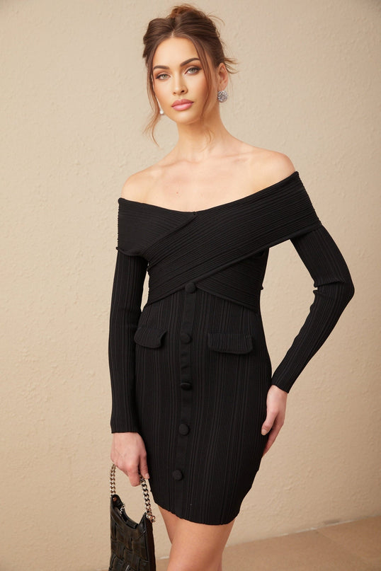 Sabina Black Ribbed Knit Off-Shoulder Mini Dress with Buttons and Faux-Pocket Detailing