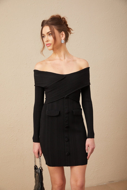 Sabina Black Ribbed Knit Off-Shoulder Mini Dress with Decorative Buttons and Faux-Pocket Detailing