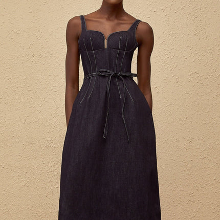 Sabina Indigo Blue Denim Midi Dress with Sweetheart Neckline and Contrast Stitching