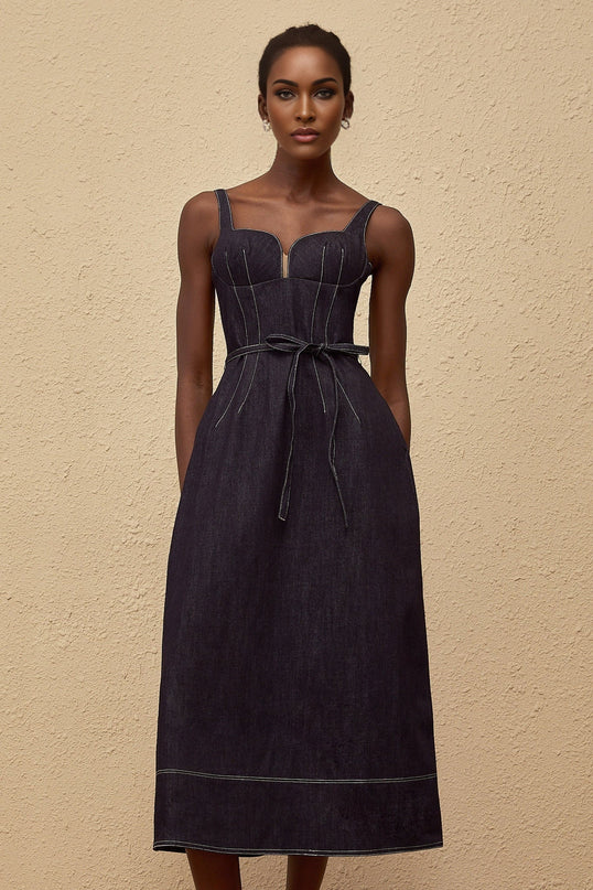 Sabina Indigo Blue Denim Midi Dress with Sweetheart Neckline and Contrast Stitching