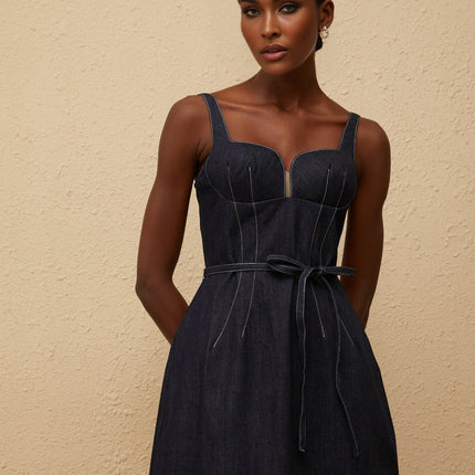 Sabina Indigo Blue Denim Midi Dress with Sweetheart Neckline and Contrast Stitching