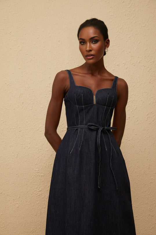 Sabina Indigo Blue Denim Midi Dress with Sweetheart Neckline and Contrast Stitching