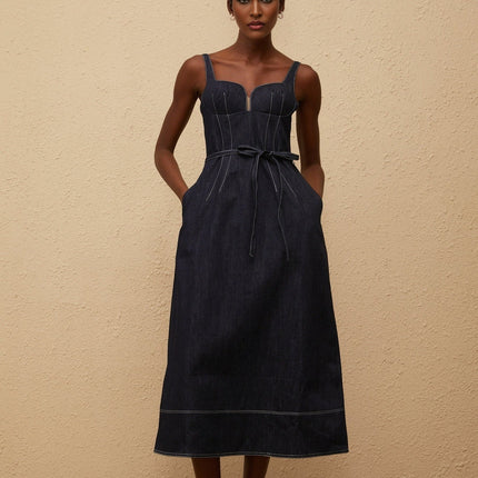 Sabina Indigo Blue Denim Midi Dress with sweetheart neckline and tied waist, perfect for upscale events