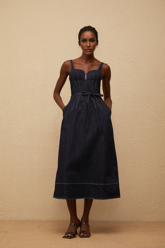 Sabina Indigo Blue Denim Midi Dress with sweetheart neckline and tied waist, perfect for upscale events