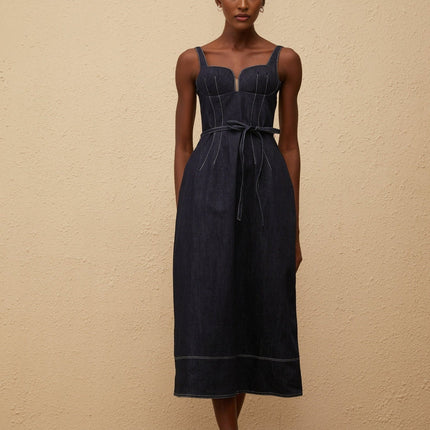 Sabina Indigo Blue Denim Midi Dress with Sweetheart Neckline and Tied Waist