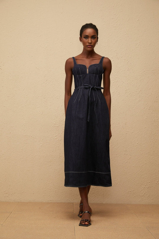 Sabina Indigo Blue Denim Midi Dress with Sweetheart Neckline and Tied Waist