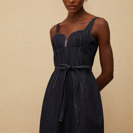 Sabina Indigo Blue Denim Midi Dress with Sweetheart Neckline and Contrast Stitching