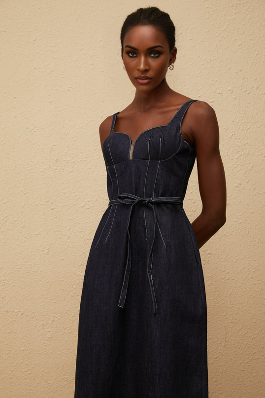 Sabina Indigo Blue Denim Midi Dress with Sweetheart Neckline and Contrast Stitching