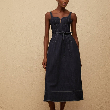 Sabina Indigo Blue Denim Midi Dress with Sweetheart Neckline and Tied Waist