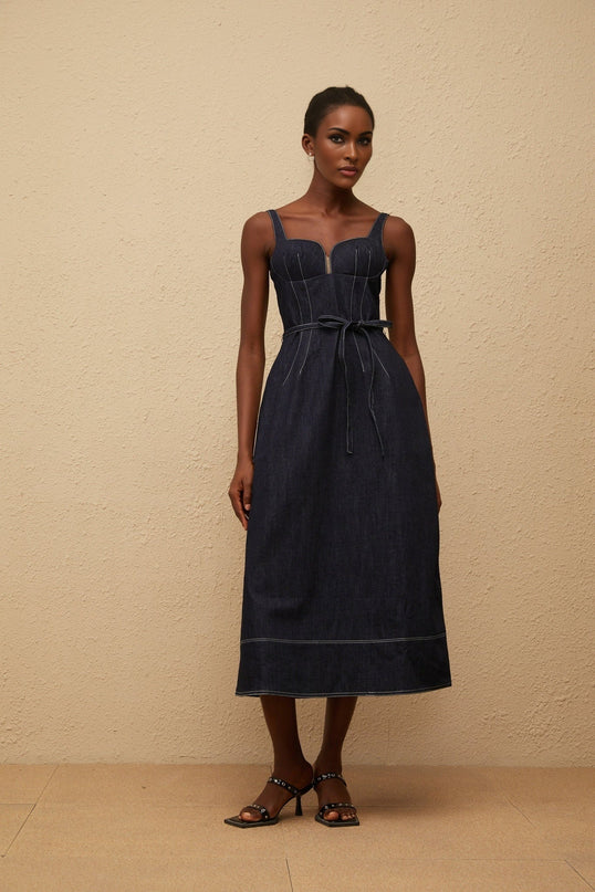 Sabina Indigo Blue Denim Midi Dress with Sweetheart Neckline and Tied Waist