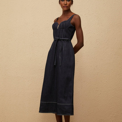 Sabina Indigo Blue Denim Midi Dress with Sweetheart Neckline and Cinched Waist
