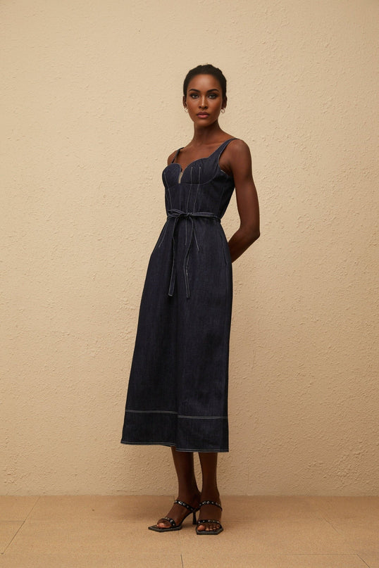 Sabina Indigo Blue Denim Midi Dress with Sweetheart Neckline and Cinched Waist