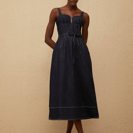 Sabina Indigo Blue Denim Midi Dress with Sweetheart Neckline and Tied Waist