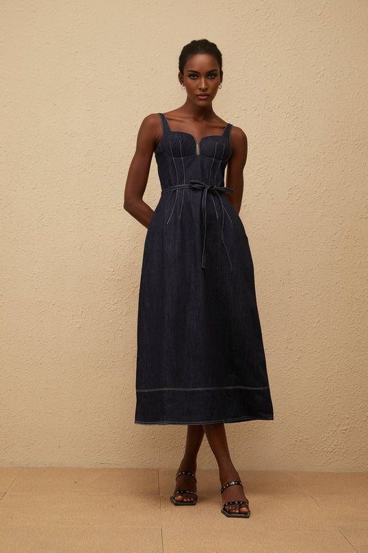 Sabina Indigo Blue Denim Midi Dress with Sweetheart Neckline and Tied Waist