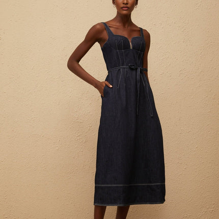 Sabina Indigo Blue Denim Midi Dress with Sweetheart Neckline and Tied Waist