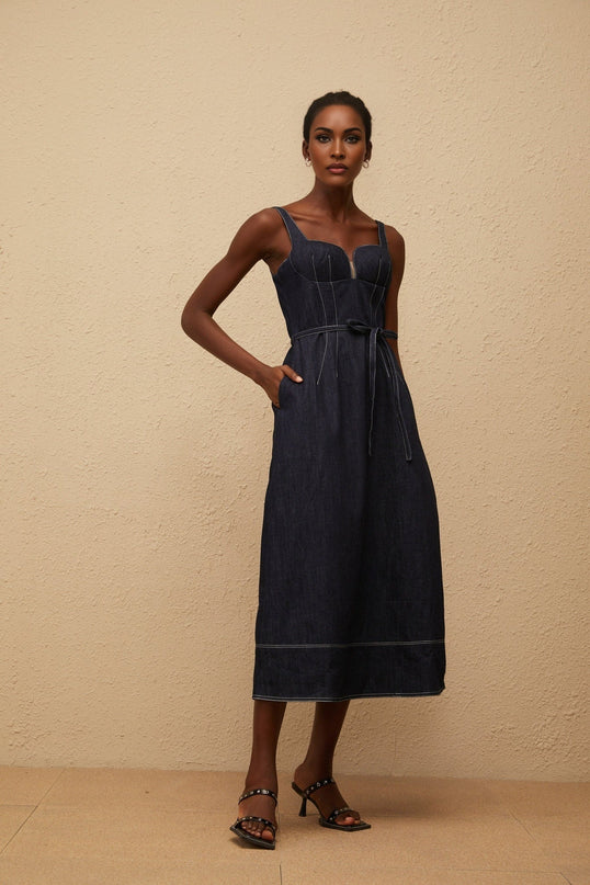 Sabina Indigo Blue Denim Midi Dress with Sweetheart Neckline and Tied Waist