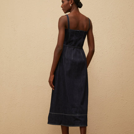 Sabina Indigo Blue Denim Midi Dress with sweetheart neckline and tied waist in luxurious blend of Cotton and Terylene fiber